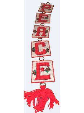 Vintage "Peace" Wall Hanging With Red Tassel & Gold Hoops 30"x4.5" Plastic Canva